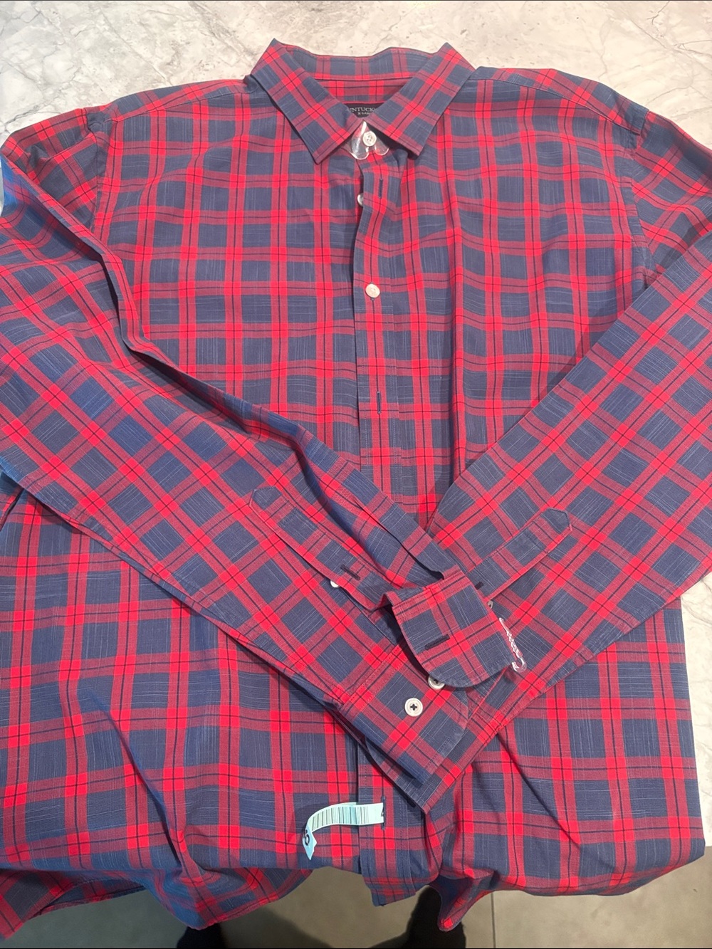 Men's Red and Navy Plaid Button-Up Shirt UNTUCKIT XL
